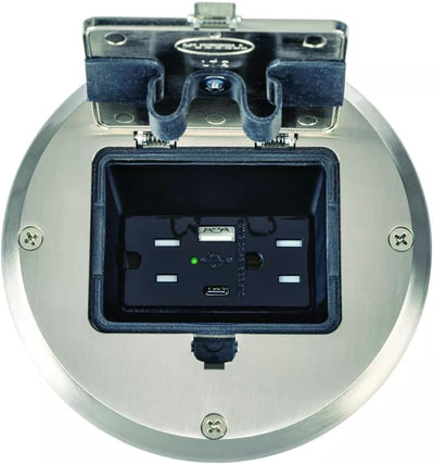 Raco 6239ACNI Recessed Receptacle Round Floor Box, USB-A/C, Nickel