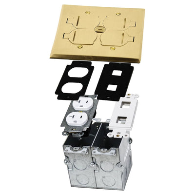 Enerlites 975549-C-D 2-Gang Floor Box Duplex, 2 Port Keystone, Flip Lids, Brass