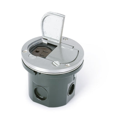 Flush Mounted Round Floor Box, One 15A Duplex, Flip Lids, Aluminum
