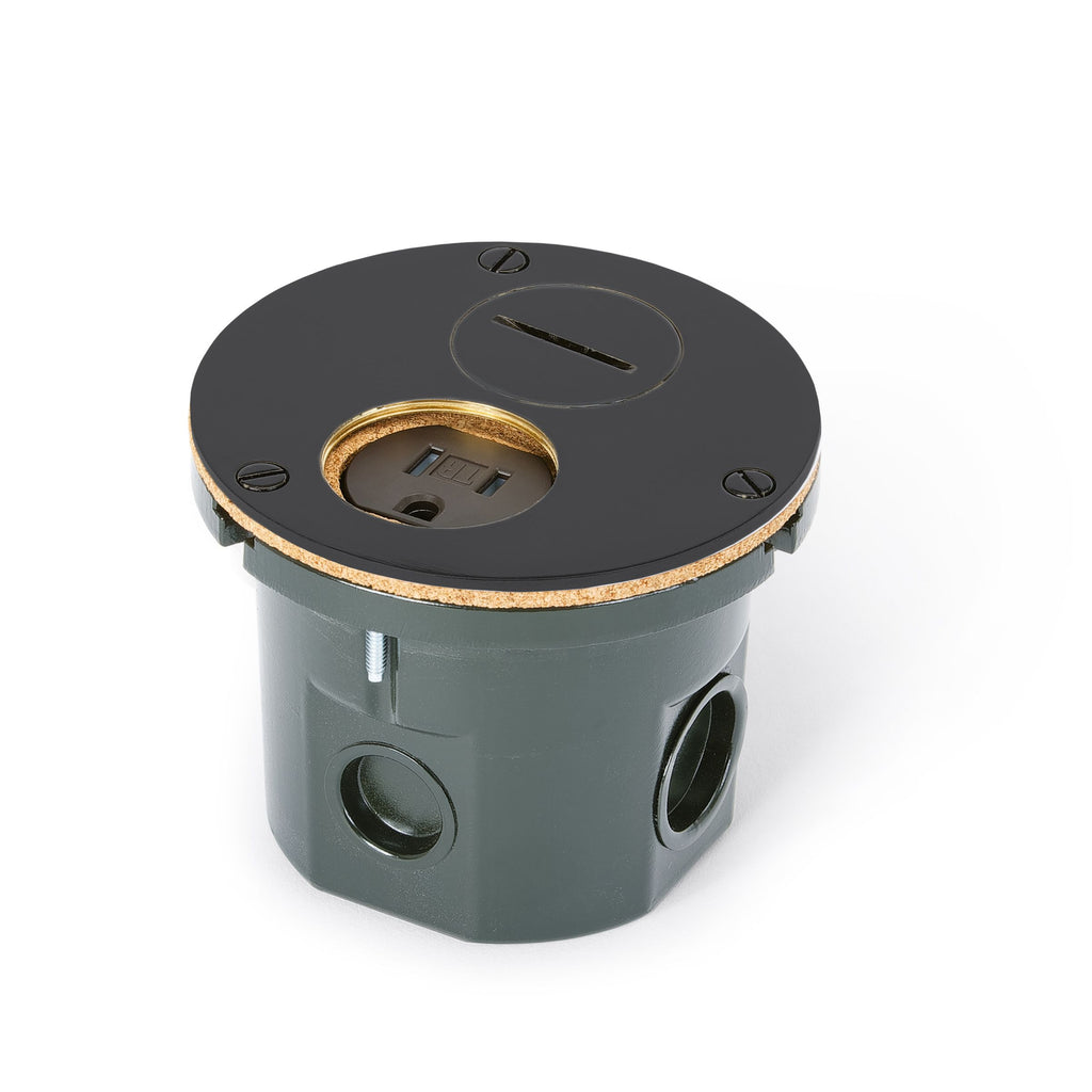 Flush Mounted Round Floor Box, One 15A Duplex, 2 Screw Plugs, Matte Black