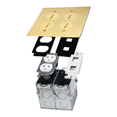 Enerlites 975510-C-D 2-Gang Floor Box Duplex, 2 Port Keystone, Screw Plugs, Brass
