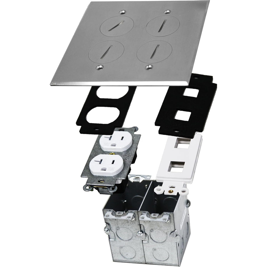 Enerlites 975510-SS-D 2-Gang Floor Box Duplex, 2 Port Keystone, Screw Plugs, Stainless