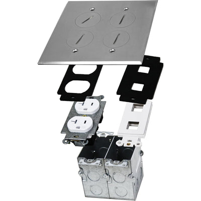 Enerlites 975510-SS-D 2-Gang Floor Box Duplex, 2 Port Keystone, Screw Plugs, Stainless