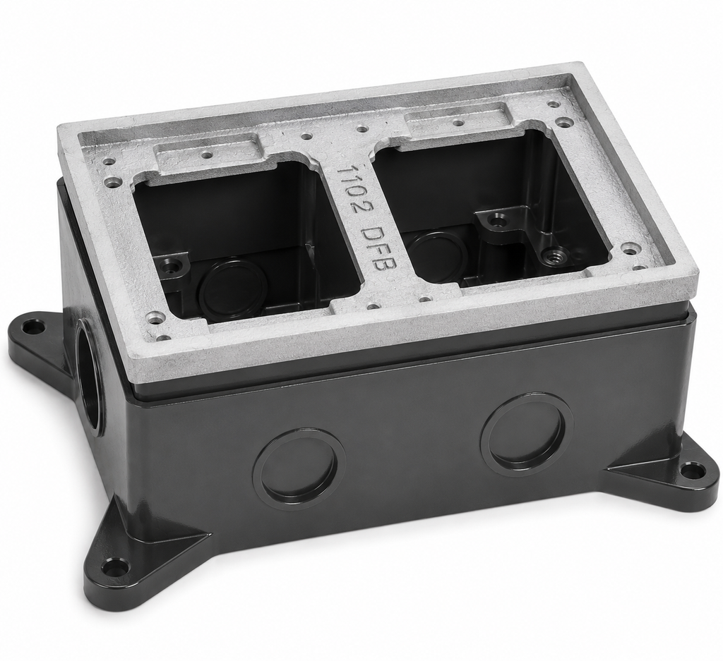 Dual Gang Deep Concrete Floor Box, Fully-Adjustable, Aluminum Tile Flange