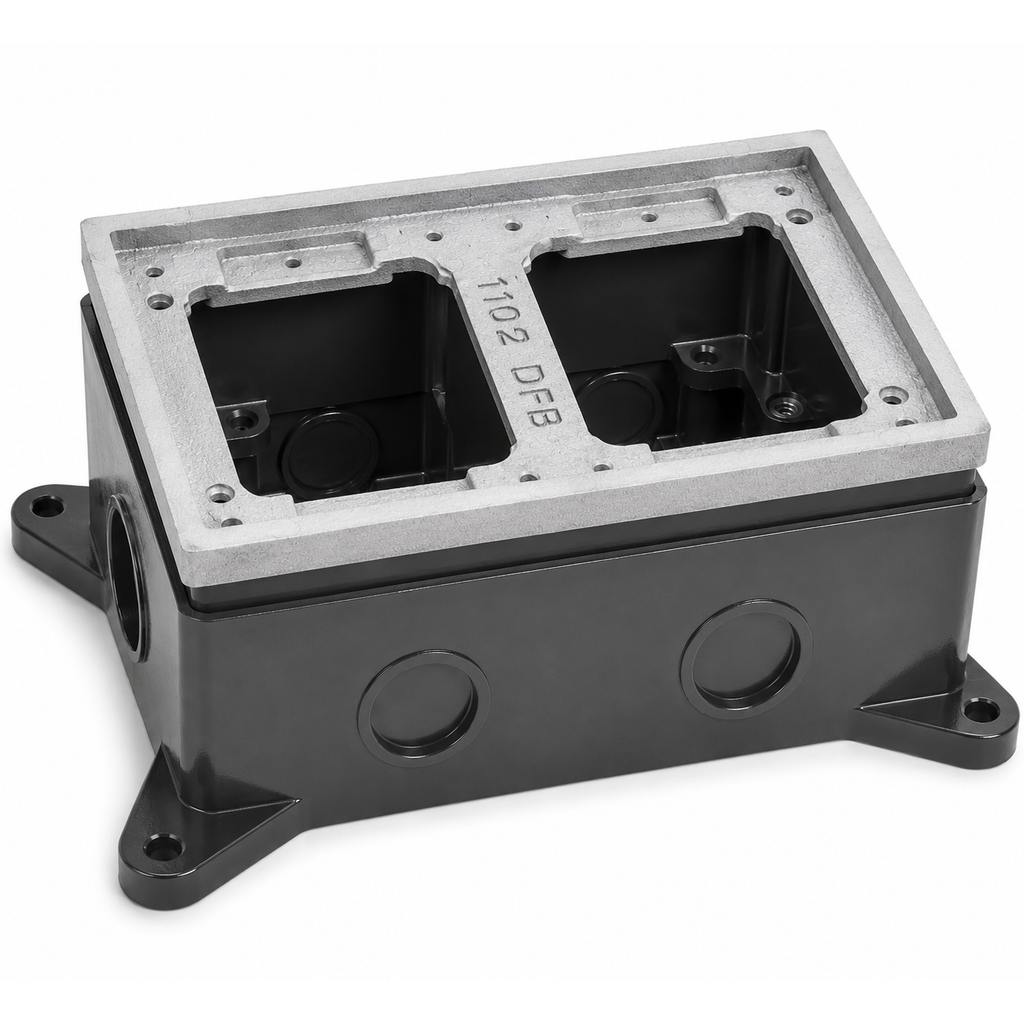 Dual Gang Deep Concrete Floor Box, Fully-Adjustable, Aluminum Tile Flange