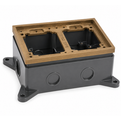 Dual Gang Deep Concrete Floor Box, Fully-Adjustable, Brass Tile Flange