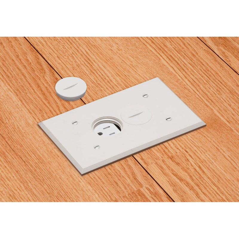 Arlington FLBR101W Rectangle Floor Box Outlet, Screw Plugs, White Cover, Installed