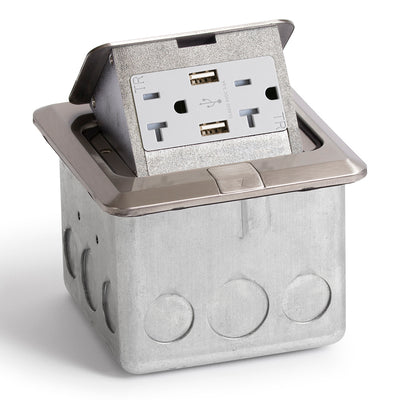 Pop Up Floor Box w/ 20A Duplex Power, USB A Charging, Stainless Steel