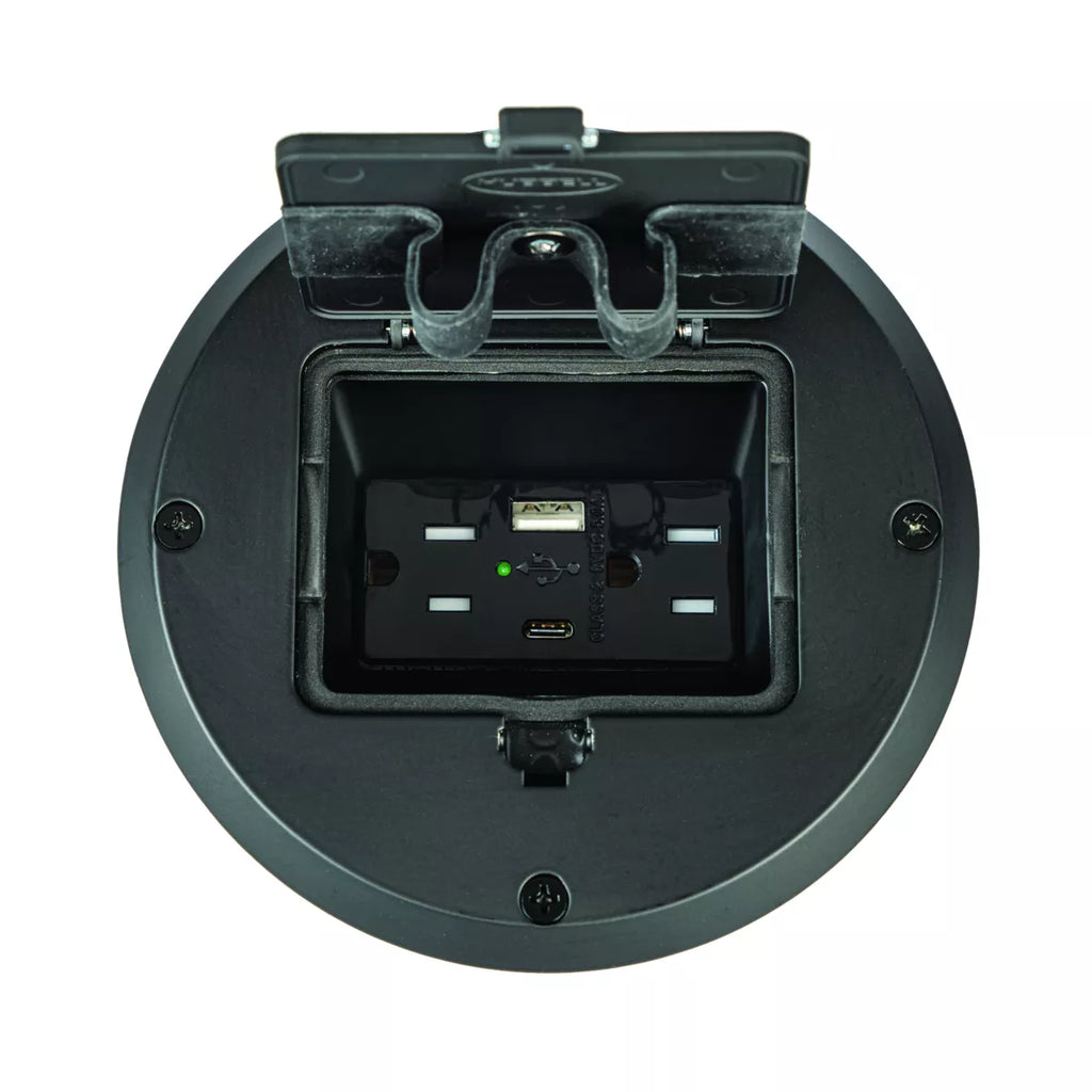 Raco 6239ACBK Recessed Receptacle Round Floor Box, USB-A/C, Black
