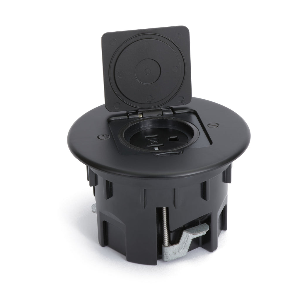 Lew RB-OBK Single Receptacle Round Floor Box, Flip Lid, Matte Black, Open