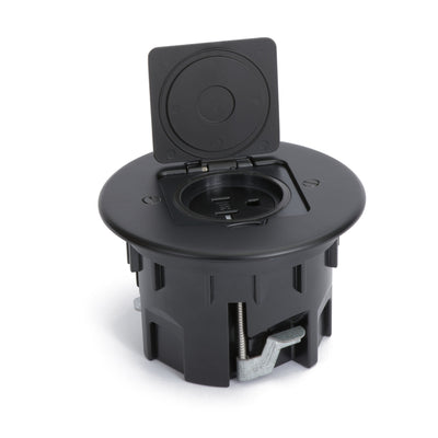 Lew RB-OBK Single Receptacle Round Floor Box, Flip Lid, Matte Black, Open