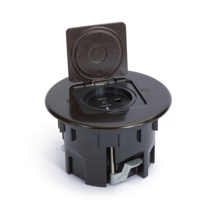 Lew Electric RB-OBDB Single Receptacle Round Floor Box, Flip Lid, Bronze, Open