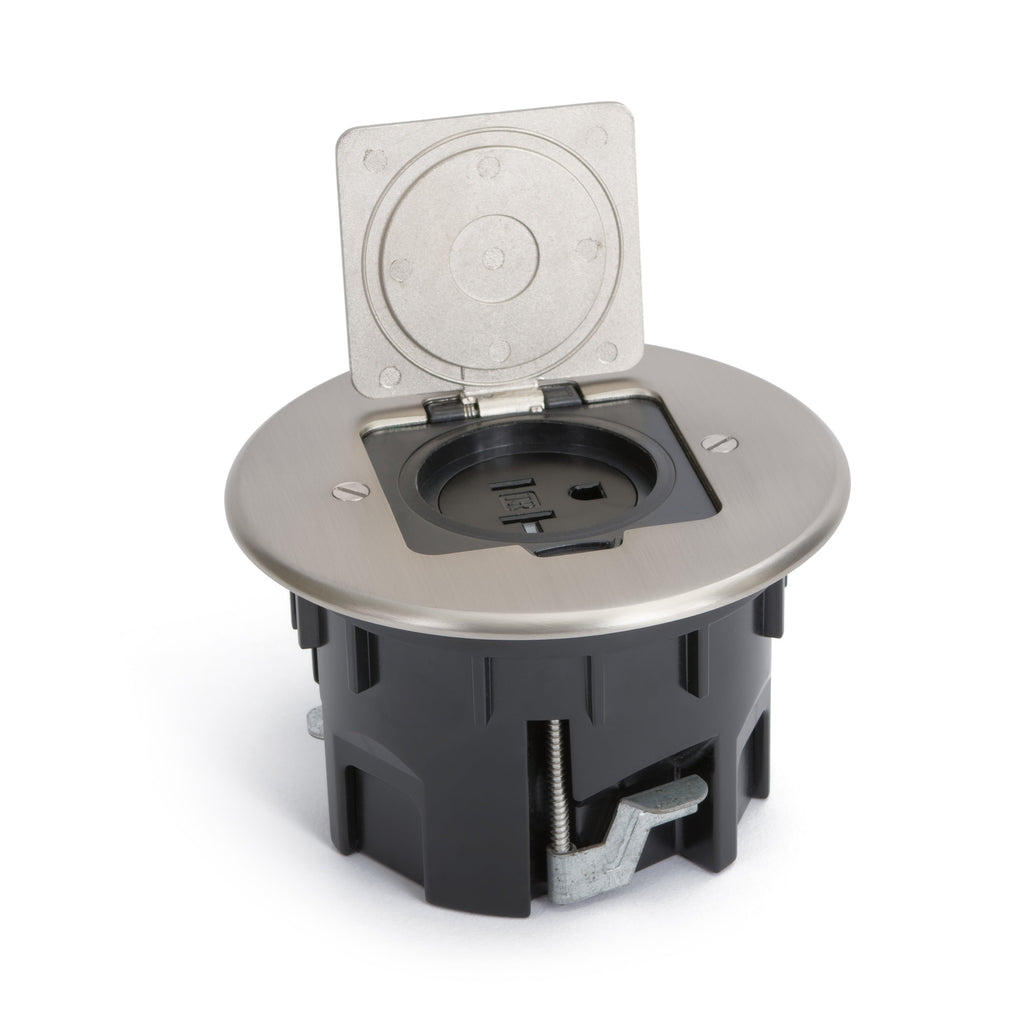 Lew Electric RB-OBNS Single Receptacle Round Floor Box, Flip Lid, Nickel, Open
