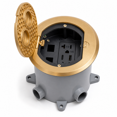 Round Concrete Floor Box Recessed Power, USB-A/C Charging, Data, Brass