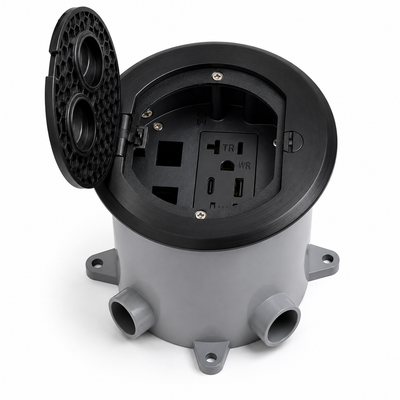 Round Concrete Floor Box Recessed Power USB-A/C Charging Data, Black
