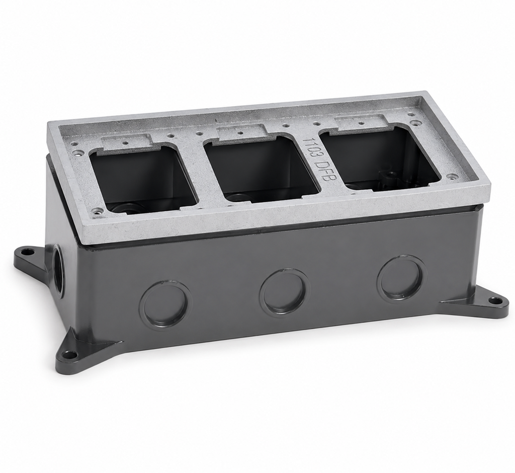 Triple Gang Deep Concrete Floor Box, Fully-Adjustable, Aluminum Tile Flange