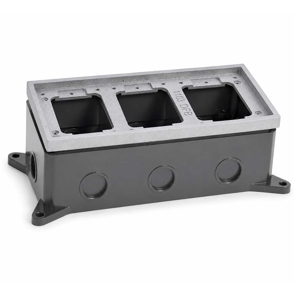 Triple Gang Deep Concrete Floor Box, Fully-Adjustable, Aluminum Tile Flange
