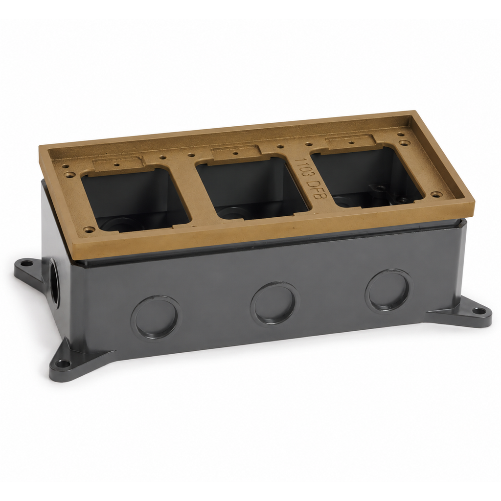 Triple Gang Deep Concrete Floor Box, Fully-Adjustable, Brass Tile Flange