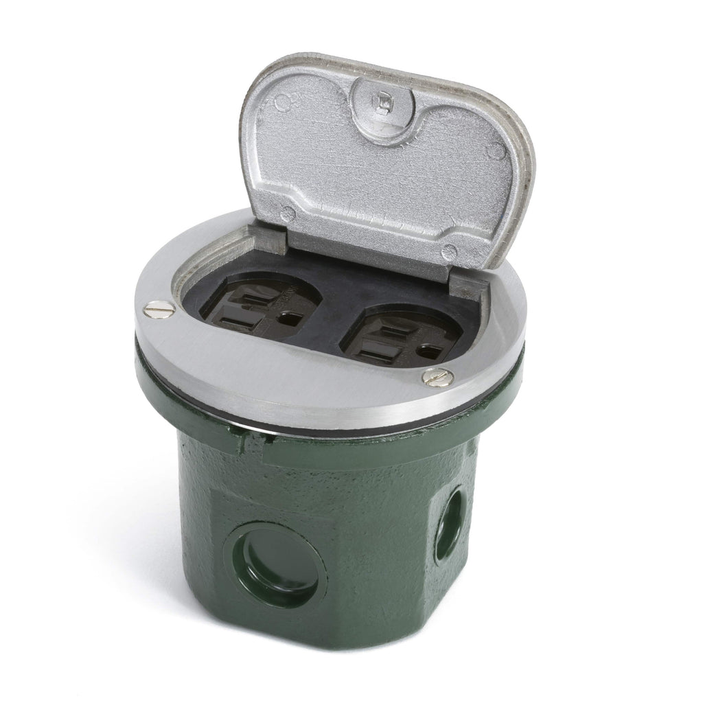 Flush Mounted Round Floor Box, One 15A Duplex, Flip Lid, Aluminum, Showing Power