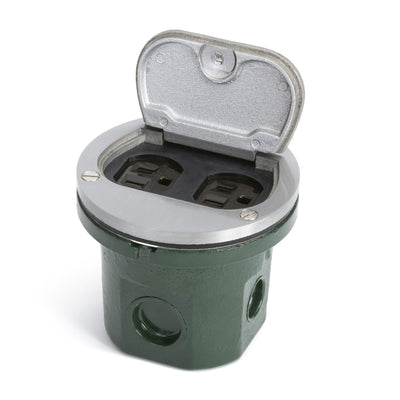 Flush Mounted Round Floor Box, One 15A Duplex, Flip Lid, Aluminum, Showing Power