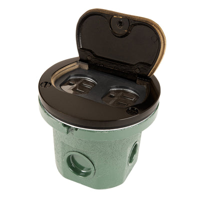 Round Flush Wood Electrical Floor Box, 2 Power, Flip Lid, Dark Bronze, Lid Open