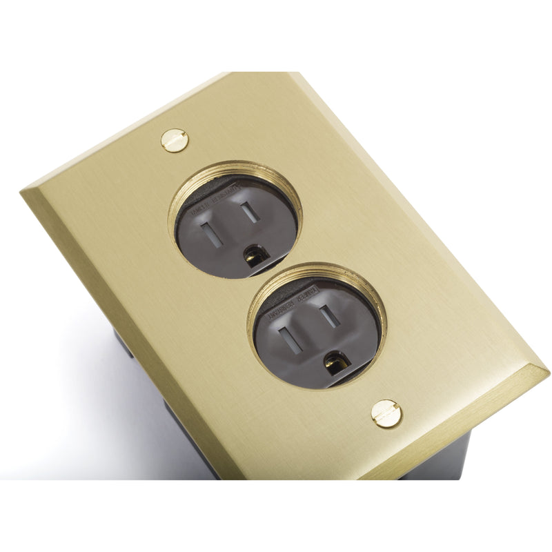 Lew Electric PB1-SPB 1 Duplex Plastic Floor Box w/ Screw Plugs, Brass showing outlets