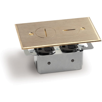 Quick Install Floor Plate, No Box, 1 Duplex 15A, 2 Screw Plugs - Brass