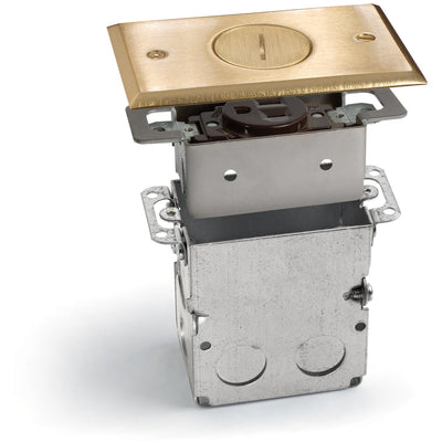 Recessed Floor Plate w/ Box, One 15A Receptacle, 1 Screw Plug - Brass