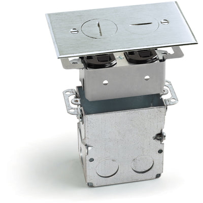 Recessed Floor Plate, One 15A Duplex, 2 Screw Plugs, Box, Aluminum