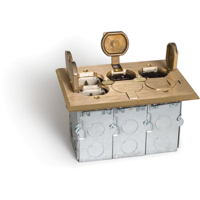 Lew Electric SWB-6-LR 3 Duplex Floor Plate, Flip Lids, Back Box, Brass