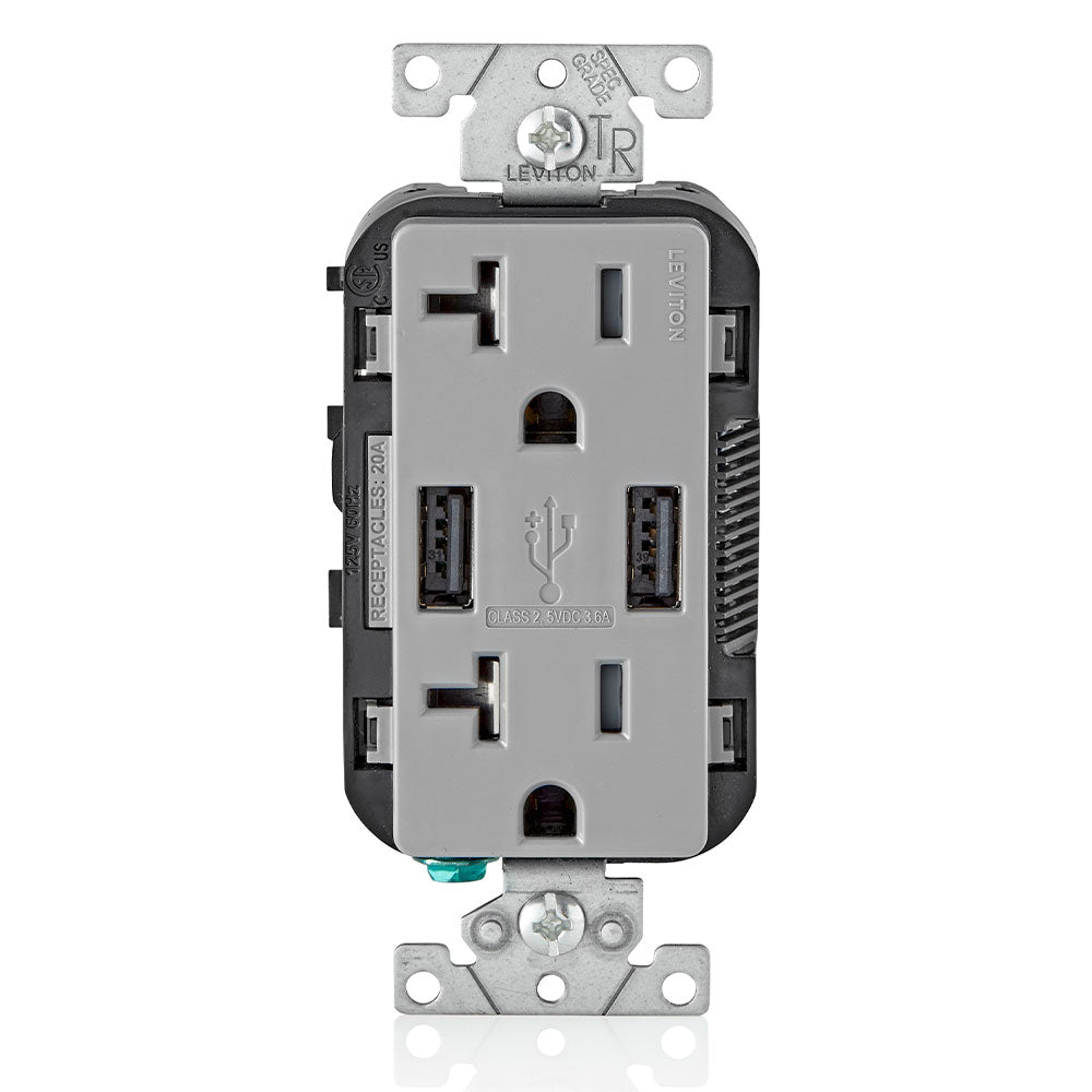 Leviton T5832-GY USB-A 3.6 Amp USB Charging Ports Wall Outlet, Gray