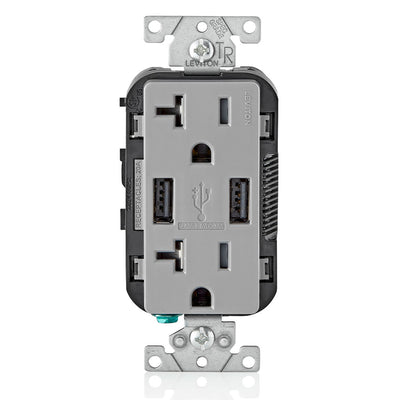 Leviton T5832-GY USB-A 3.6 Amp USB Charging Ports Wall Outlet, Gray