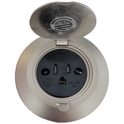 Single Receptacle Round Floor Box, Hinged Lid, Nickel, Black Outlet