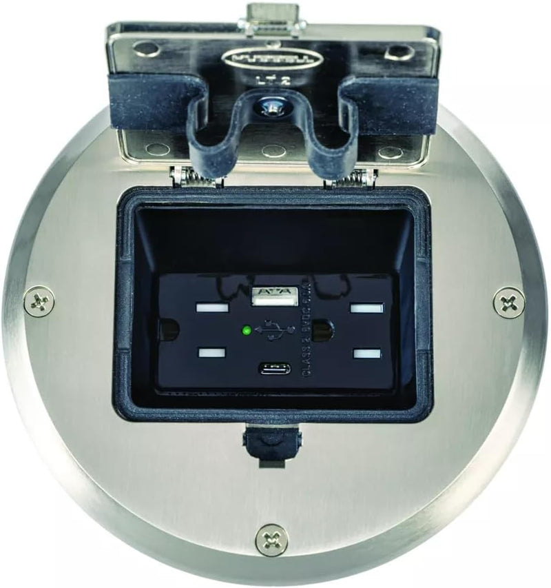 Raco 6239ACNI Recessed Receptacle Round Floor Box, USB-A/C, Nickel