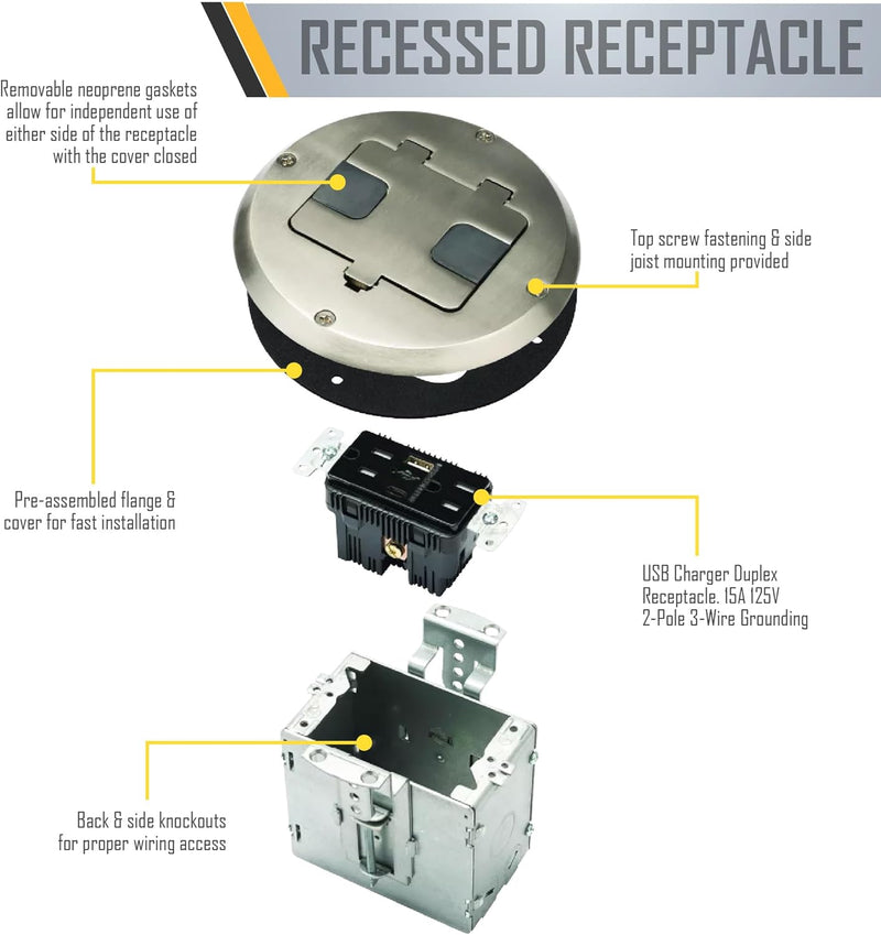 Raco 6239ACNI Recessed Receptacle Round Floor Box, USB-A/C, Nickel