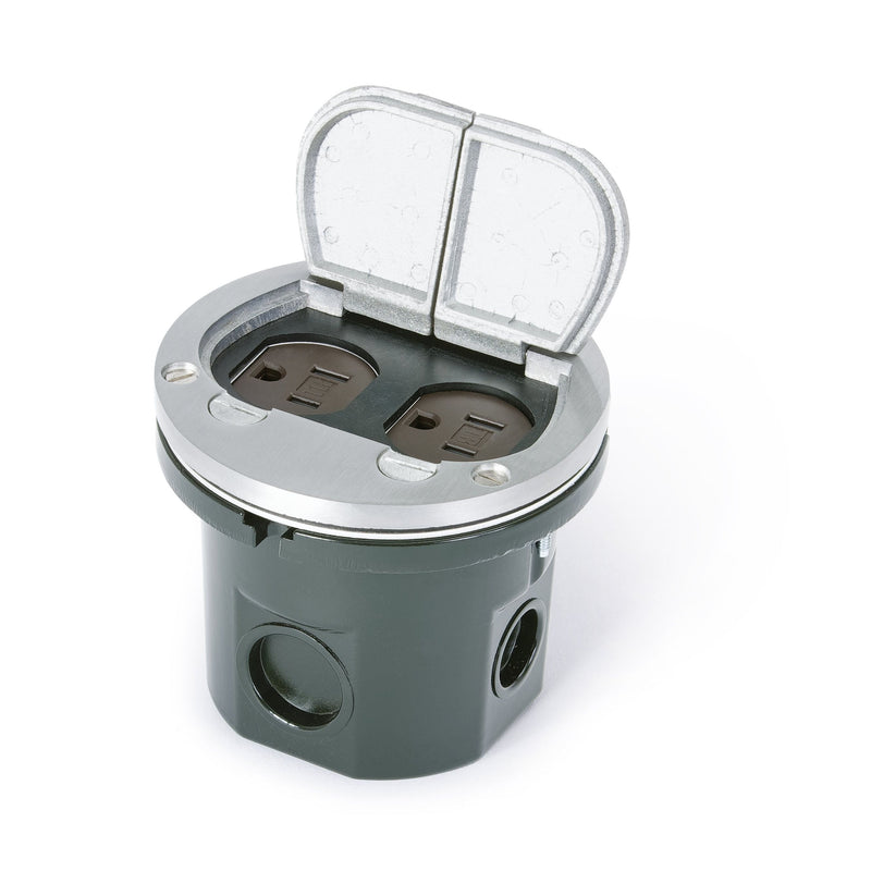 Flush Mounted Round Floor Box, One 15A Duplex, Flip Lids, Aluminum
