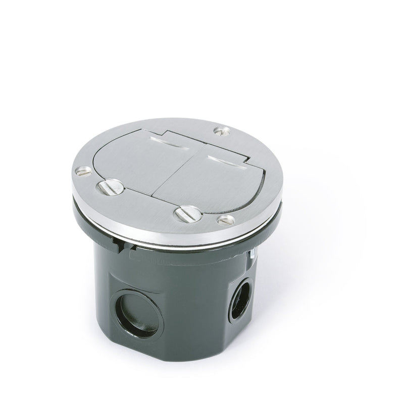 Flush Mounted Round Floor Box, One 15A Duplex, Flip Lids, Aluminum