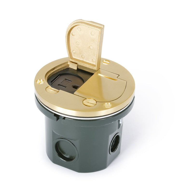 Flush Mounted Round Floor Box, One 15A Duplex, Flip Lids, Brass