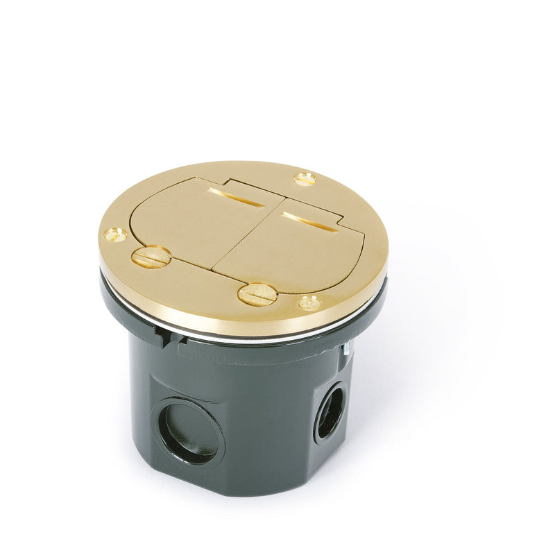 Flush Mounted Round Floor Box, One 15A Duplex, Flip Lids, Brass