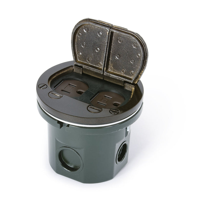 Flush Mounted Round Floor Box, One 15A Duplex, Flip Lids, Dark Bronze
