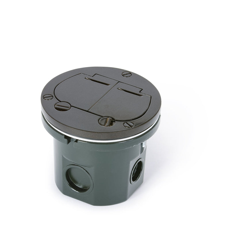 Flush Mounted Round Floor Box, One 15A Duplex, Flip Lids, Dark Bronze