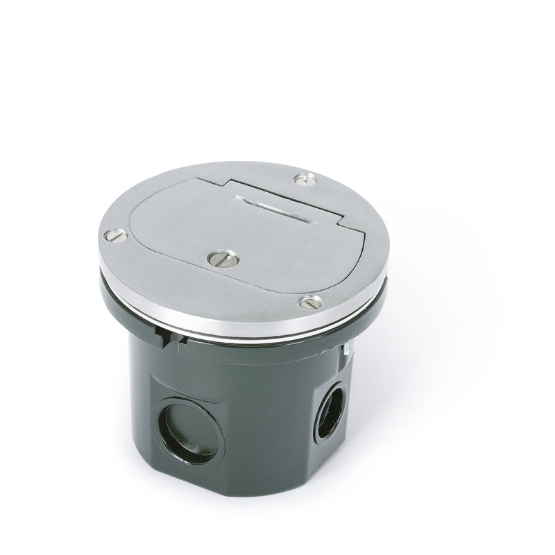 Flush Mounted Round Floor Box, One 15A Duplex, Flip Lid, Aluminum