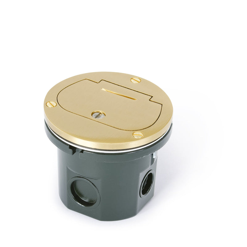 Flush Mounted Round Floor Box, One 15A Duplex, Flip Lid, Brass