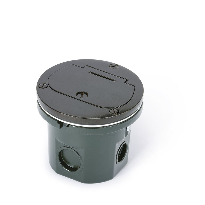 Flush Mounted Round Floor Box, One 15A Duplex, Flip Lid, Dark Bronze