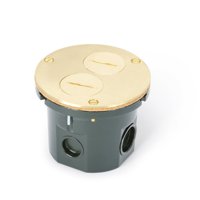 Flush Mounted Round Floor Box, Two Cat6, 2 Screw Plugs - Brass