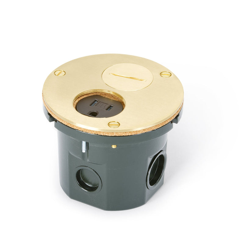 Flush Mounted Round Floor Box, One 15A Duplex, 2 Screw Plugs, Brass