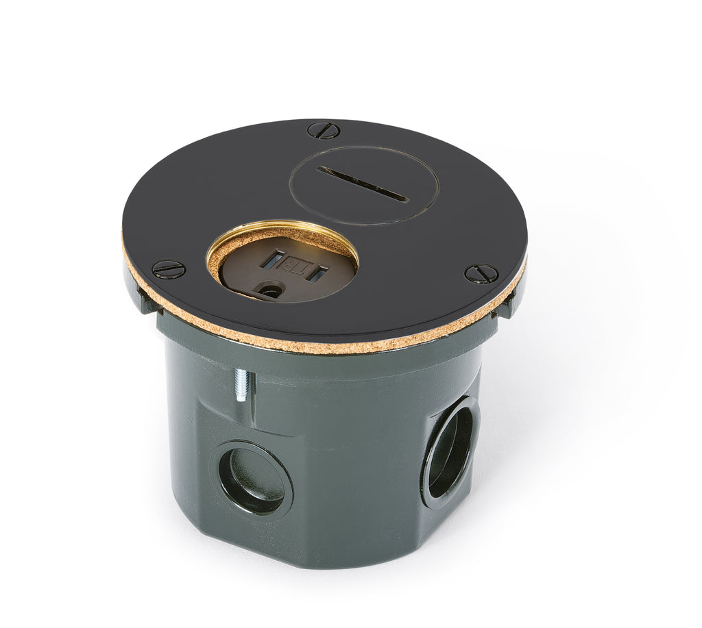 Flush Mounted Round Floor Box, One 15A Duplex, 2 Screw Plugs, Matte Black