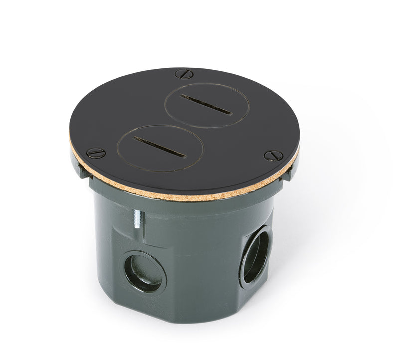 Flush Mounted Round Floor Box, One 15A Duplex, 2 Screw Plugs, Matte Black