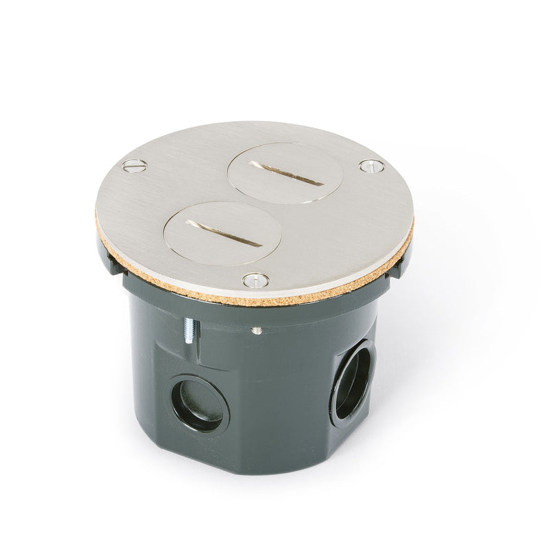 Flush Mounted Round Floor Box, Two Cat6, 2 Screw Plugs - Nickel