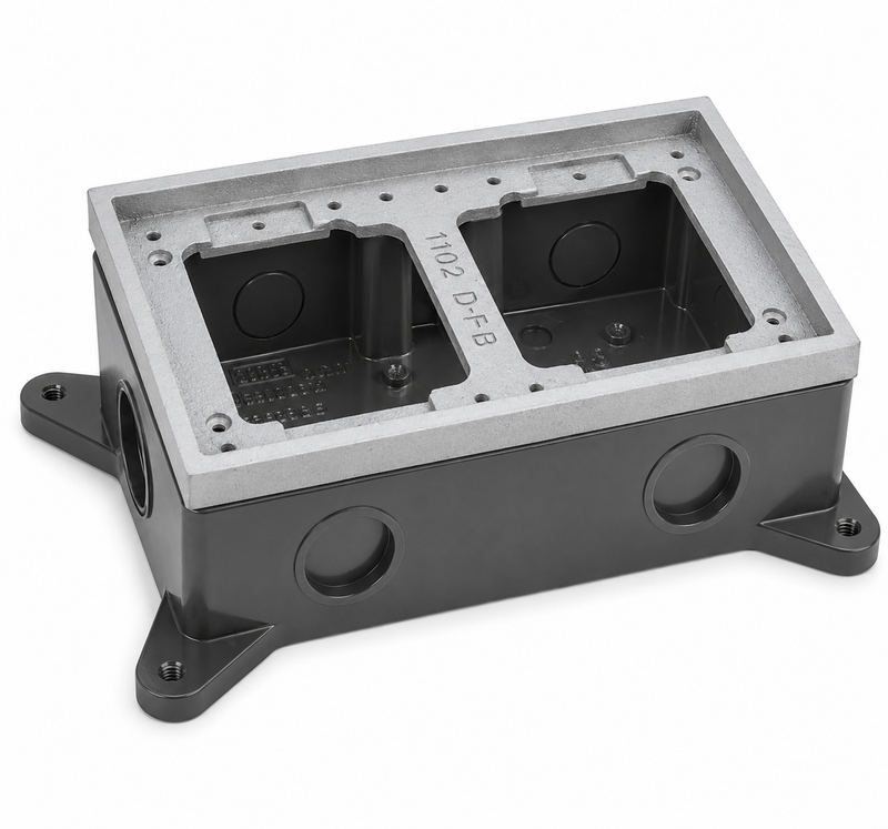 Dual Gang Shallow Concrete Floor Box, Semi-Adjustable, Aluminum Tile Flange